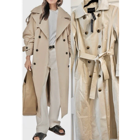 Rachel Zoe Trench Coat XL Double Breasted Pockets Belt Lightweight Hooded Long - Picture 1 of 10